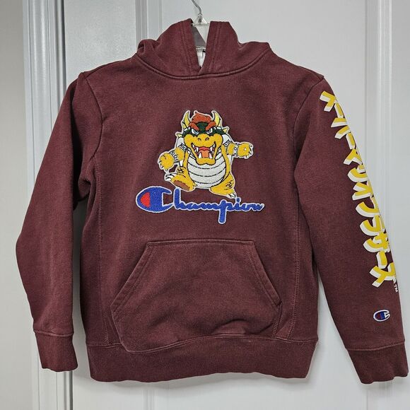 Champion X Super Mario Bowser Hoodie Youth Med Reverse Weave Kanji Limited Rare - Picture 1 of 7